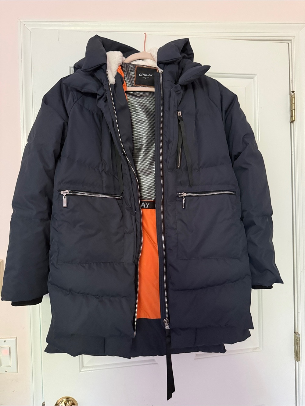 Orolay Women's Navy Puffer Coat with Orange Lining